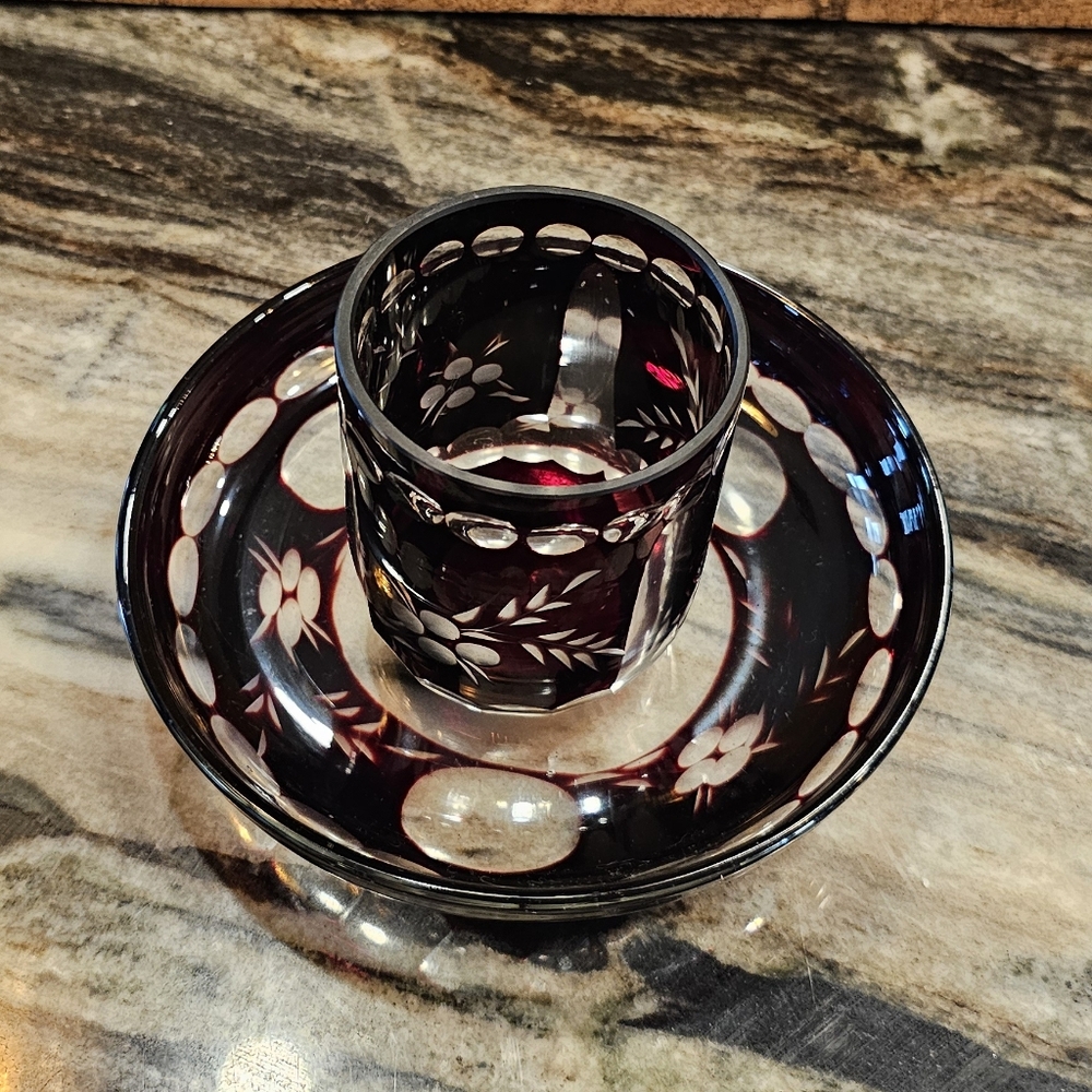 Elegant Ruby and White Glass Cup and Saucer Set